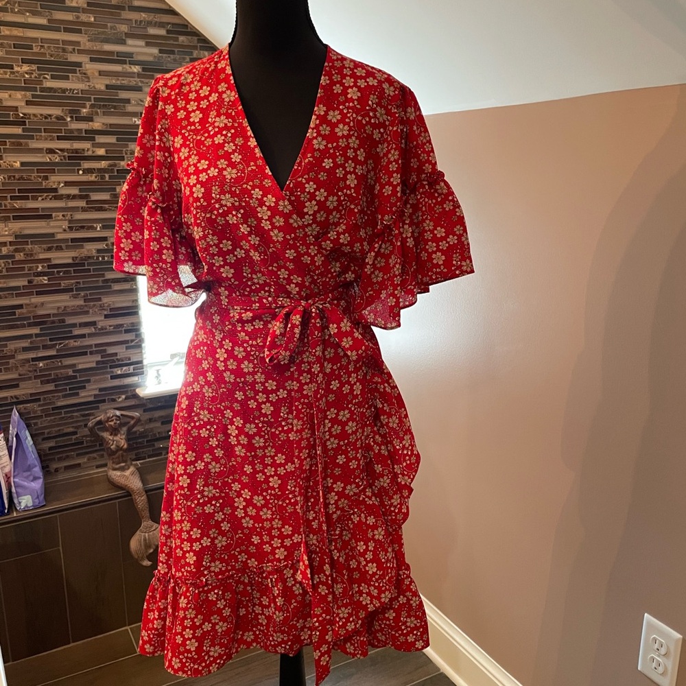 Max Studio Red and White Ruffled Wrap Sundress